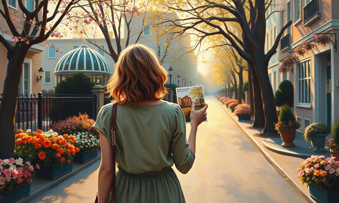 A painting of a woman walking down a flower-lined street, a postcard in her hand