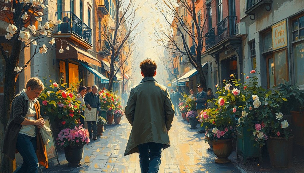 An impressionist painting of someone walking down a spring street, seen from behind