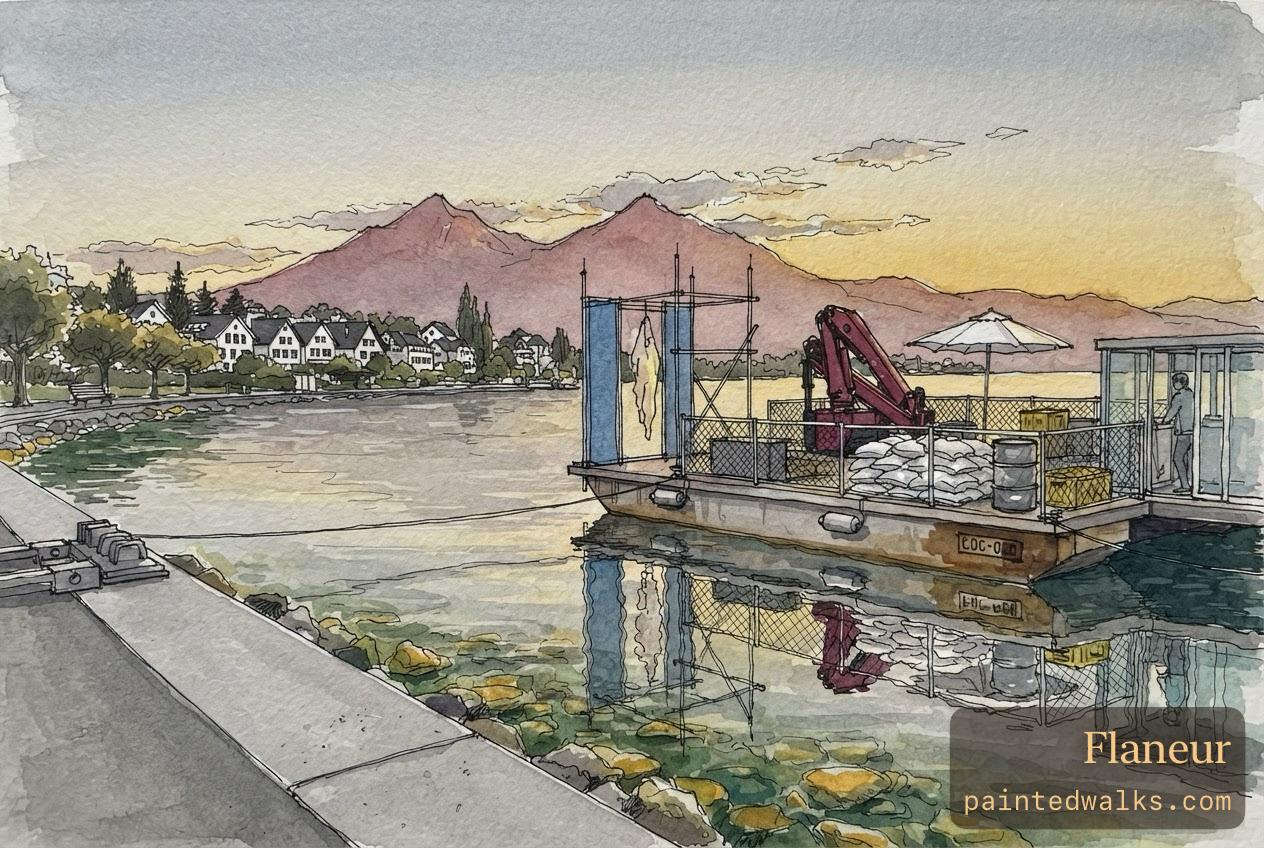 The same evening in watercolour over ink