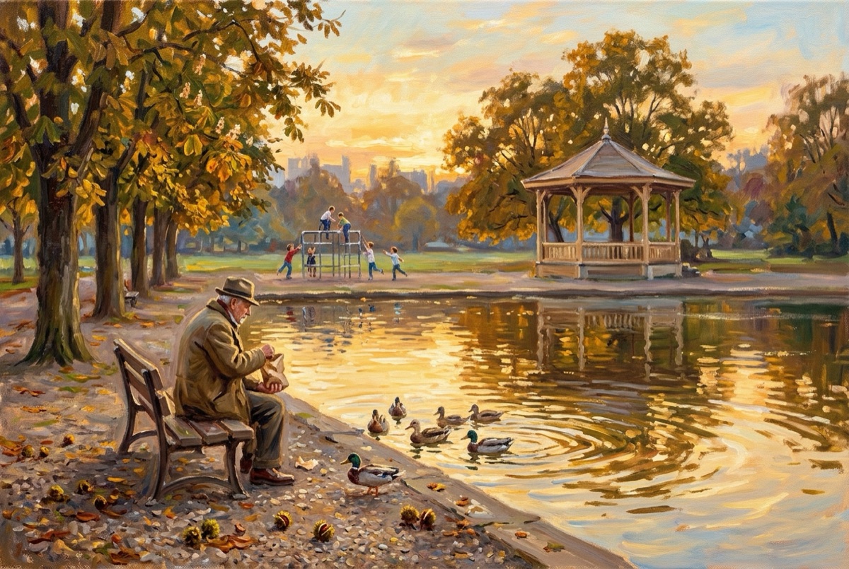 The same park pond painted in the impressionism style