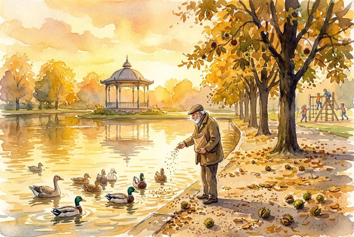 The same park pond painted in the watercolor style